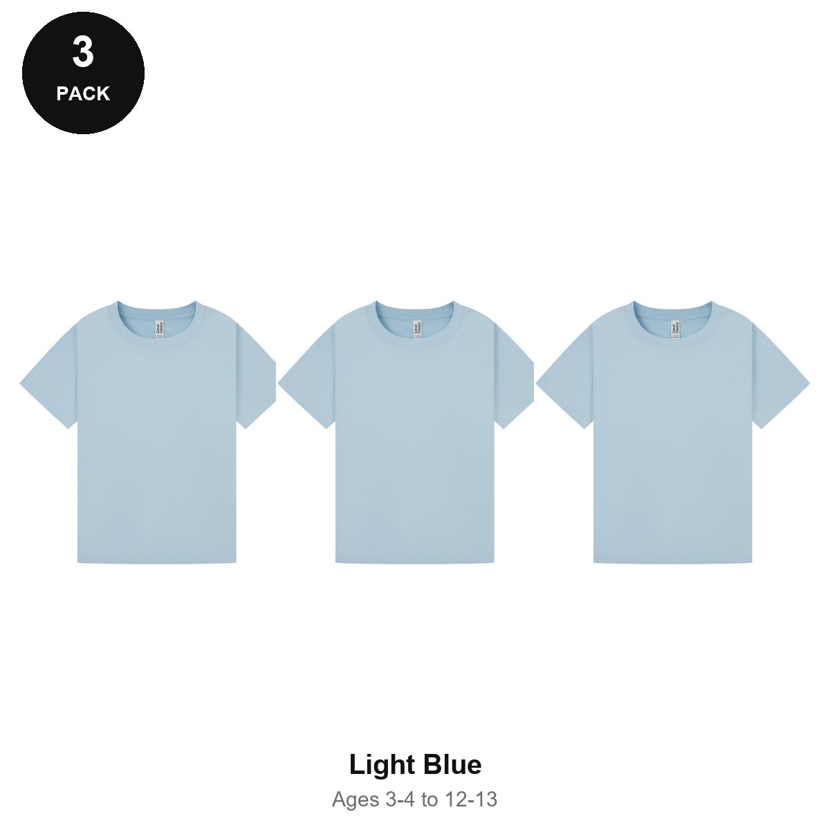 Kids Plain T-Shirts 3 Pack - 100% ringspun cotton 150gsm, Ages 3-13, School & PE - Light Blue