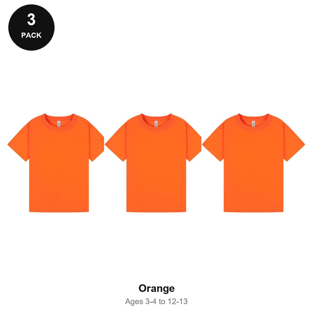 Kids Plain T-Shirts 3 Pack - 100% ringspun cotton 150gsm, Ages 3-13, School & PE - Orange