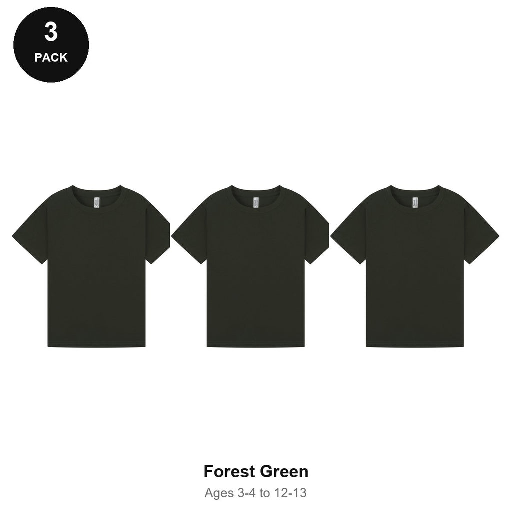 Kids Plain T-Shirts 3 Pack - 100% ringspun cotton 150gsm, Ages 3-13, School & PE - Forest Green