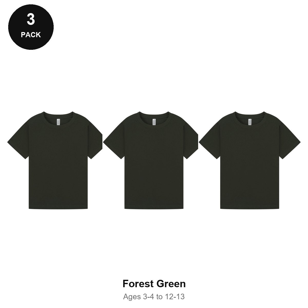 Kids Plain T-Shirts 3 Pack - 100% ringspun cotton 150gsm, Ages 3-13, School & PE - Forest Green