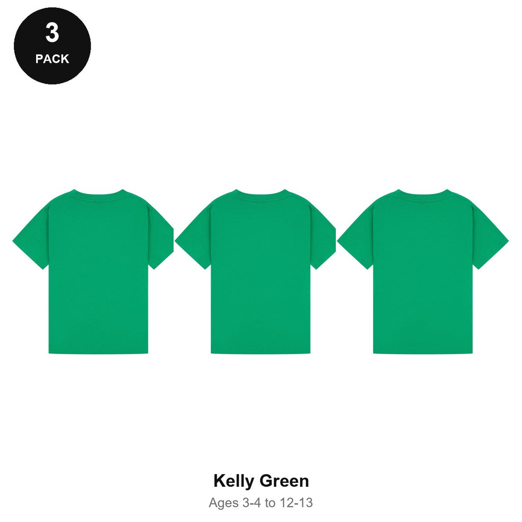 Kids Plain T-Shirts 3 Pack - 100% ringspun cotton 150gsm, Ages 3-13, School & PE - Kelly Green