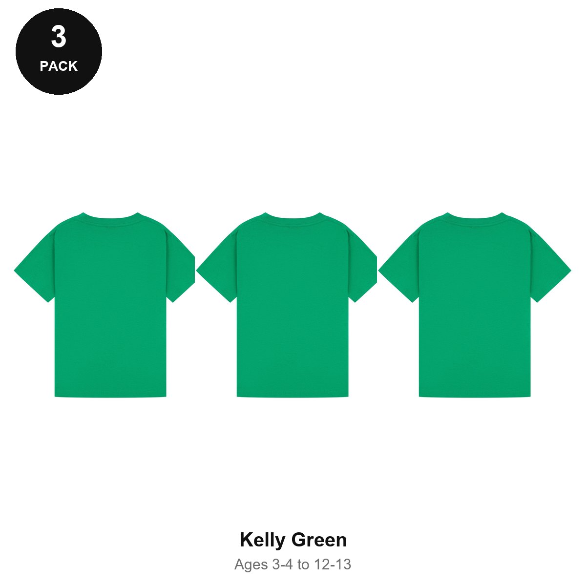 Kids Plain T-Shirts 3 Pack - 100% ringspun cotton 150gsm, Ages 3-13, School & PE - Kelly Green