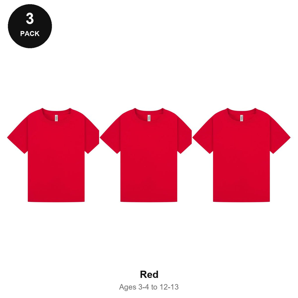 Kids Plain T-Shirts 3 Pack - 100% ringspun cotton 150gsm, Ages 3-13, School & PE - Red