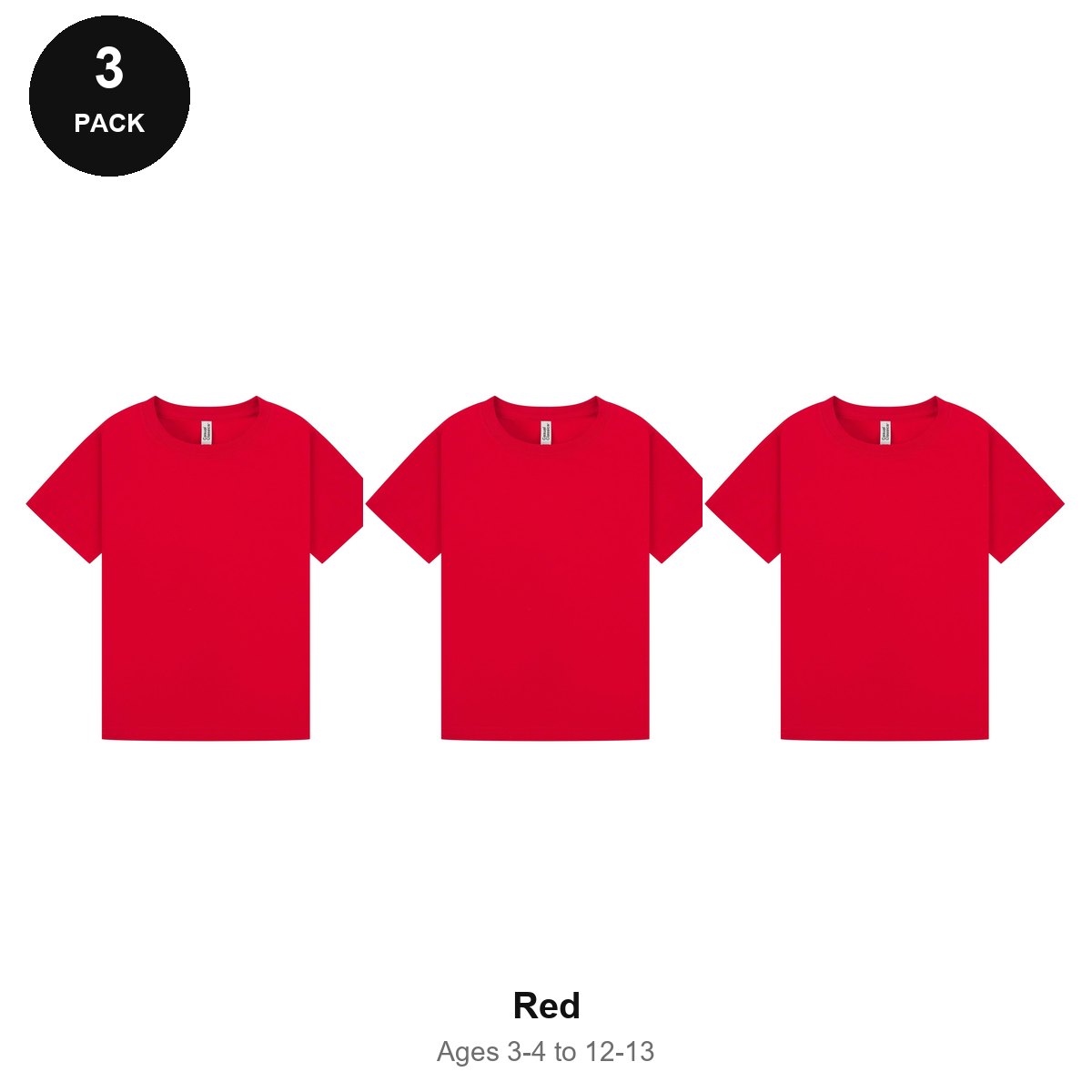 Kids Plain T-Shirts 3 Pack - 100% ringspun cotton 150gsm, Ages 3-13, School & PE - Red