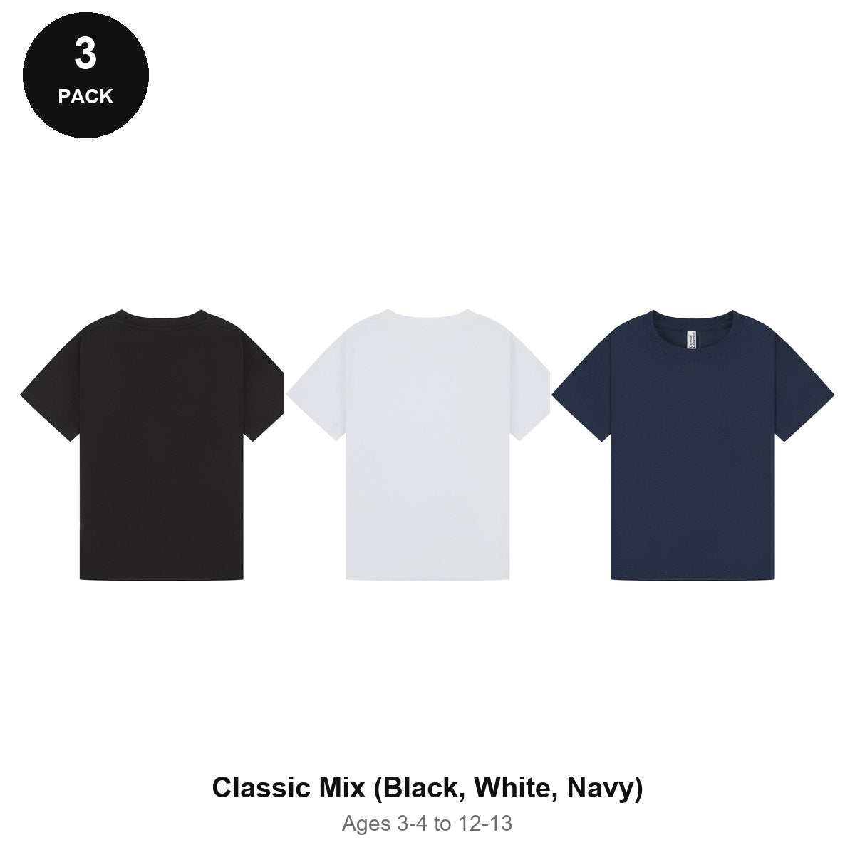 Kids Plain T-Shirts 3 Pack - 100% ringspun cotton 150gsm, Ages 3-13, School & PE - Classic Mix (Black, White, Navy)