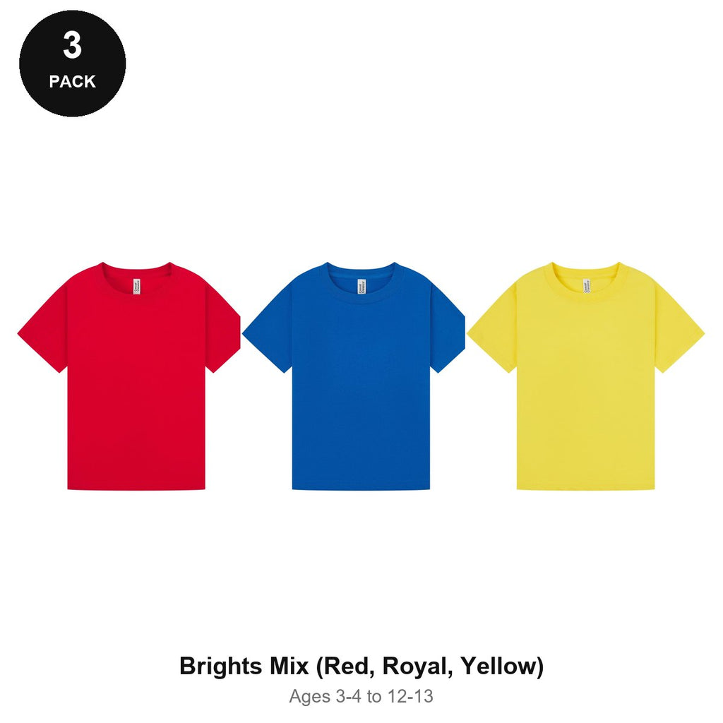 Kids Plain T-Shirts 3 Pack - 100% ringspun cotton 150gsm, Ages 3-13, School & PE - Brights Mix (Red, Royal, Yellow)