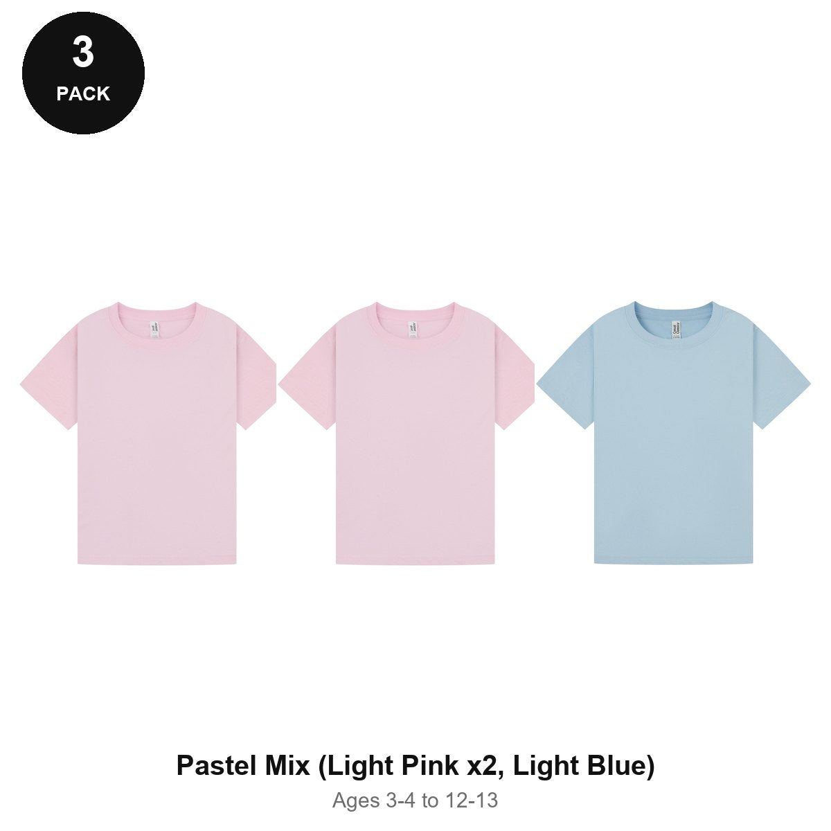 Kids Plain T-Shirts 3 Pack - 100% ringspun cotton 150gsm, Ages 3-13, School & PE - Pastel Mix (Light Pink x2, Light Blue)