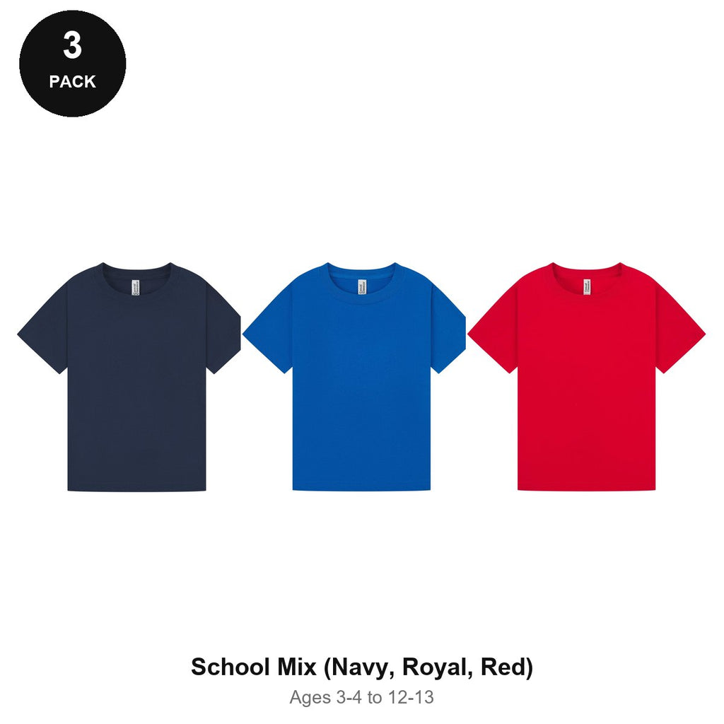 Kids Plain T-Shirts 3 Pack - 100% ringspun cotton 150gsm, Ages 3-13, School & PE - School Mix (Navy, Royal, Red)