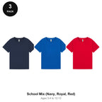 Kids Plain T-Shirts 3 Pack - 100% ringspun cotton 150gsm, Ages 3-13, School & PE - School Mix (Navy, Royal, Red)