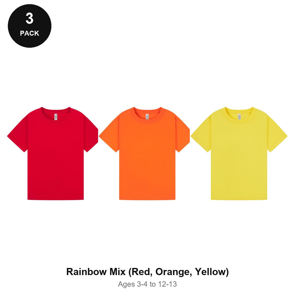 Kids Plain T-Shirts 3 Pack - 100% ringspun cotton 150gsm, Ages 3-13, School & PE - Rainbow Mix (Red, Orange, Yellow)