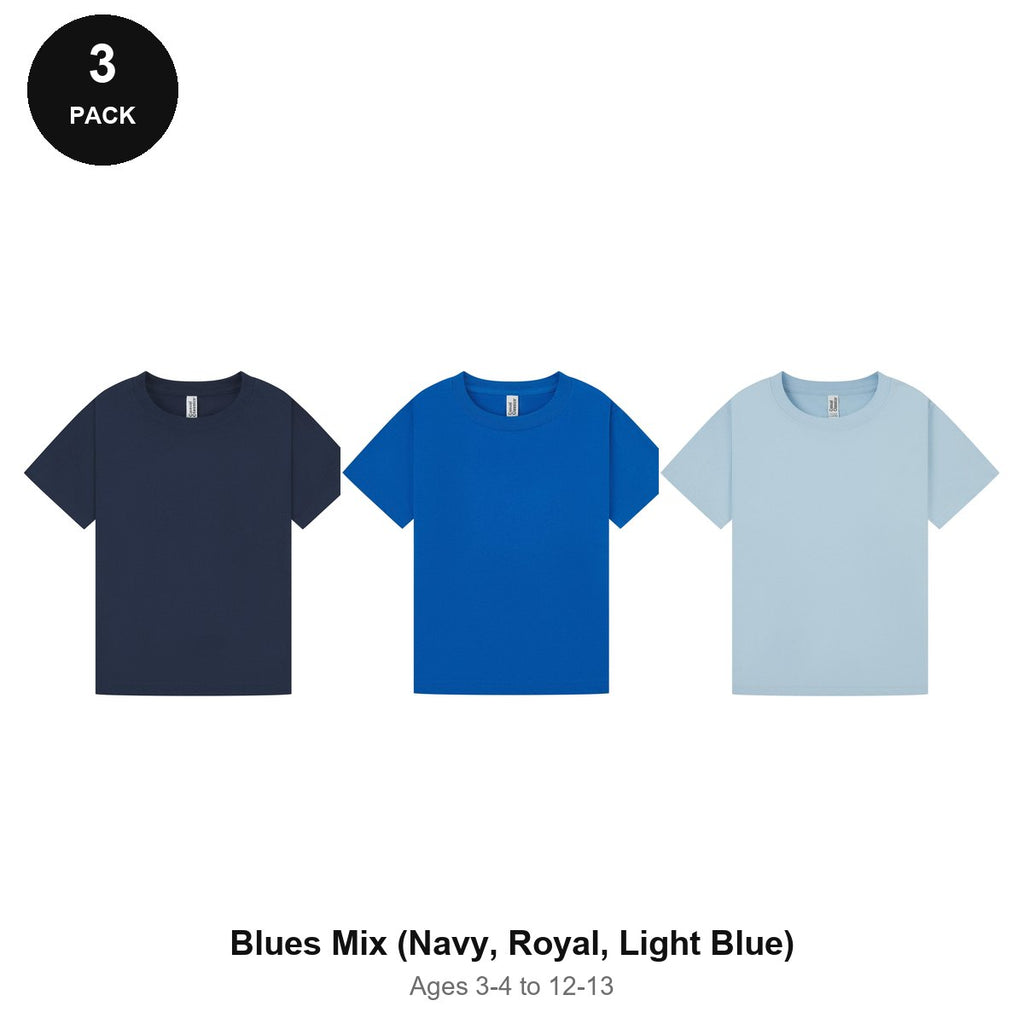 Kids Plain T-Shirts 3 Pack - 100% ringspun cotton 150gsm, Ages 3-13, School & PE - Blues Mix (Navy, Royal, Light Blue)