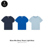 Kids Plain T-Shirts 3 Pack - 100% ringspun cotton 150gsm, Ages 3-13, School & PE - Blues Mix (Navy, Royal, Light Blue)