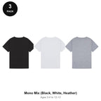 Kids Plain T-Shirts 3 Pack - 100% ringspun cotton 150gsm, Ages 3-13, School & PE - Mono Mix (Black, White, Heather)