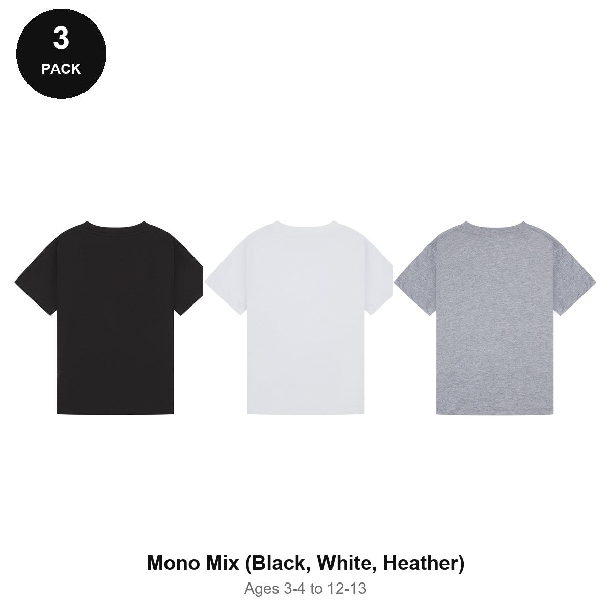 Kids Plain T-Shirts 3 Pack - 100% ringspun cotton 150gsm, Ages 3-13, School & PE - Mono Mix (Black, White, Heather)