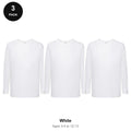 Kids Long Sleeve White T-Shirts 3 Pack - 100% cotton 165gsm, Ages 3-13, School & PE - White