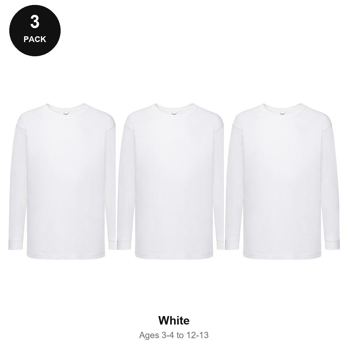 Kids Long Sleeve White T-Shirts 3 Pack - 100% cotton 165gsm, Ages 3-13, School & PE - White