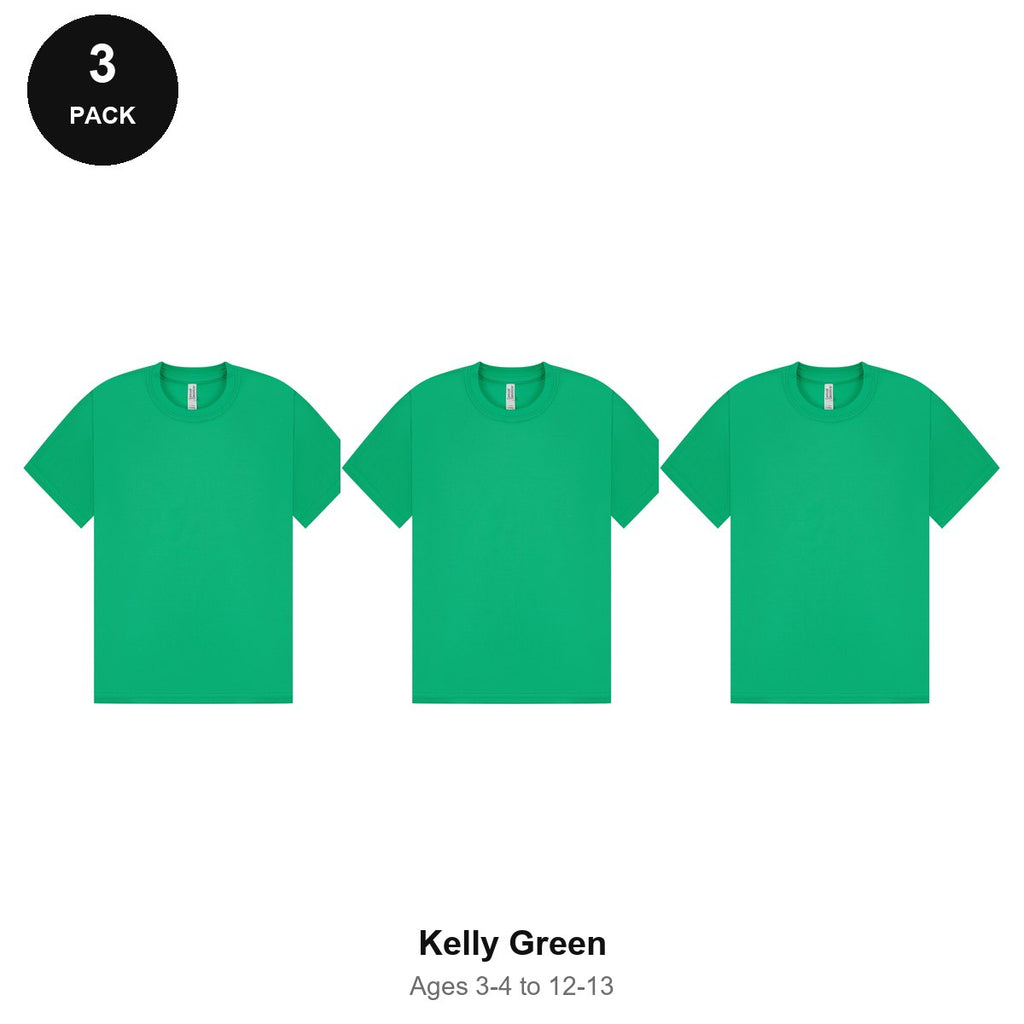 Kids PE Sports Tech T-Shirts 3 Pack - 100% polyester 140gsm, Ages 3-13, School & PE - Kelly Green