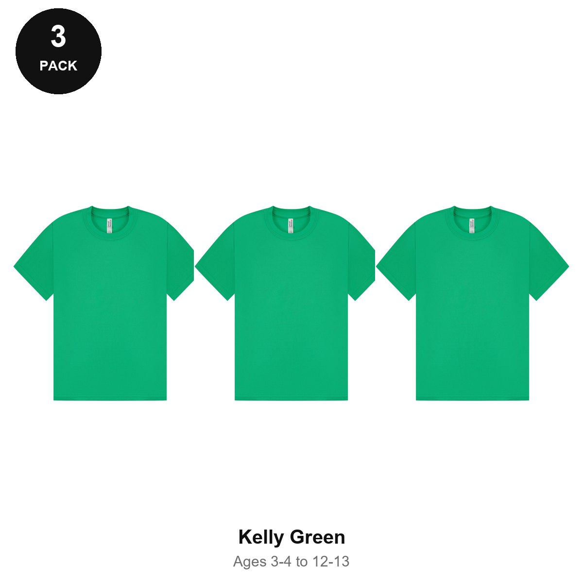 Kids PE Sports Tech T-Shirts 3 Pack - 100% polyester 140gsm, Ages 3-13, School & PE - Kelly Green