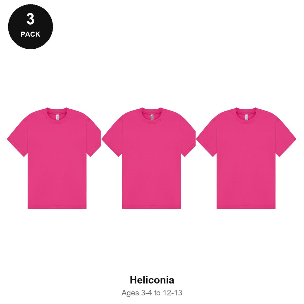 Kids PE Sports Tech T-Shirts 3 Pack - 100% polyester 140gsm, Ages 3-13, School & PE - Heliconia