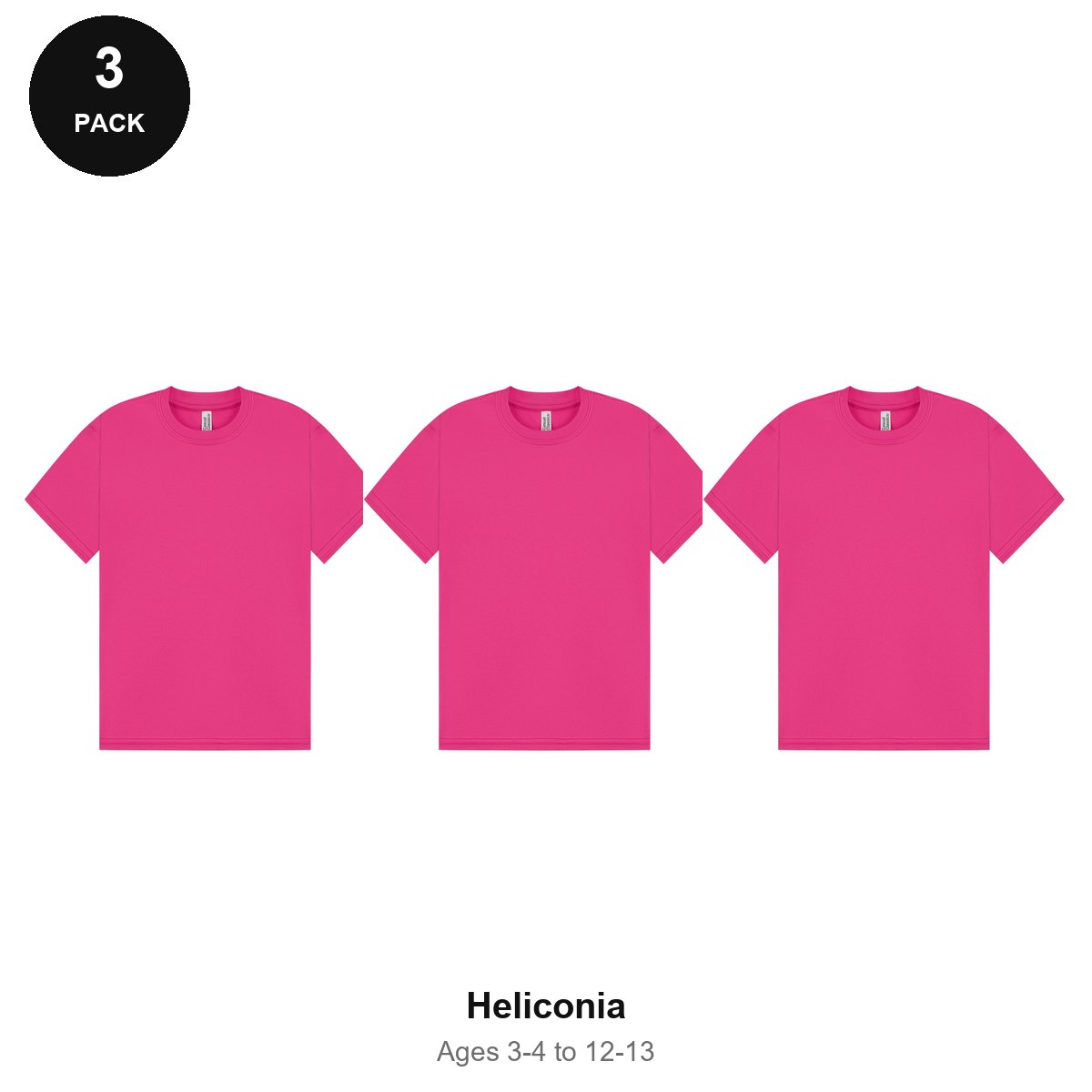 Kids PE Sports Tech T-Shirts 3 Pack - 100% polyester 140gsm, Ages 3-13, School & PE - Heliconia