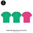 Kids PE Sports Tech T-Shirts 3 Pack - 100% polyester 140gsm, Ages 3-13, School & PE - Brights Mix (Kelly Green x2, Heliconia)