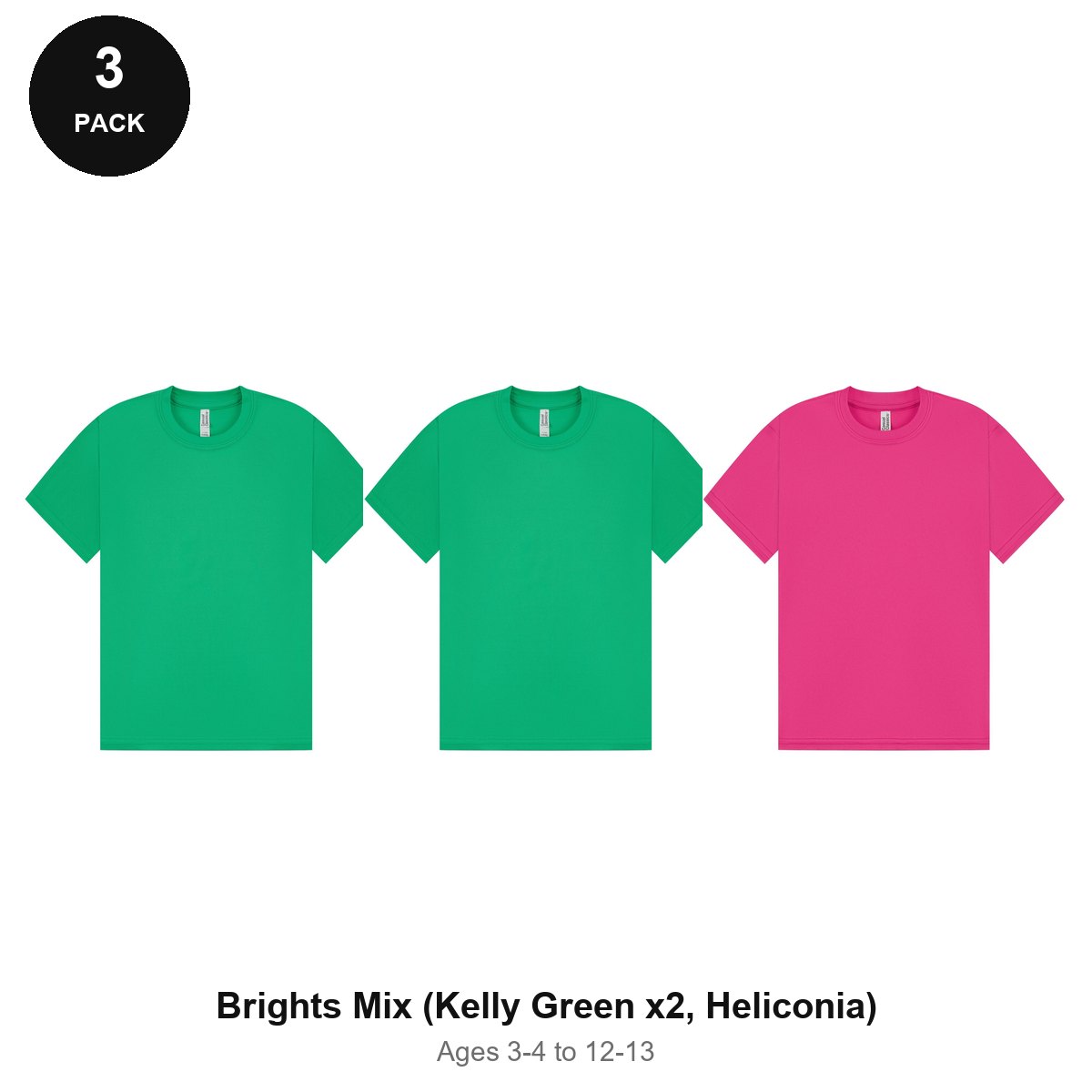 Kids PE Sports Tech T-Shirts 3 Pack - 100% polyester 140gsm, Ages 3-13, School & PE - Brights Mix (Kelly Green x2, Heliconia)