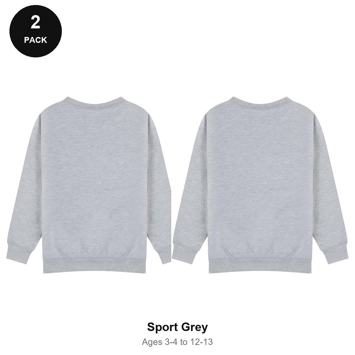 Kids School Sweatshirts 2 Pack - 80% cotton / 20% polyester brushed-back fleece 280gsm, Ages 3-13, School & PE - Sport Grey