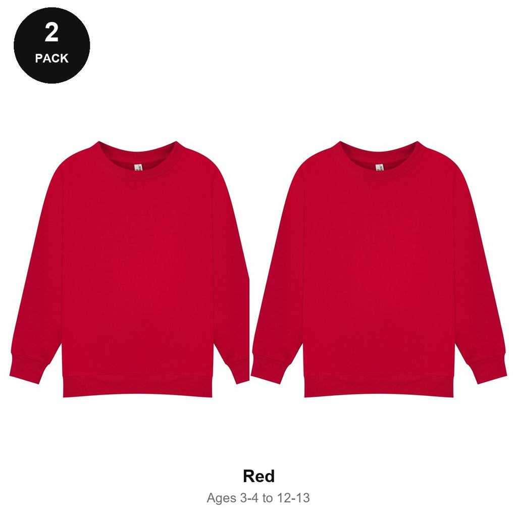 Kids School Sweatshirts 2 Pack - 80% cotton / 20% polyester brushed-back fleece 280gsm, Ages 3-13, School & PE - Red