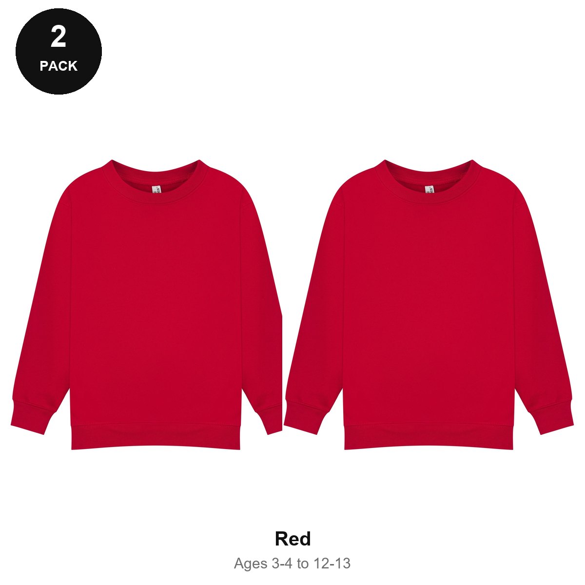 Kids School Sweatshirts 2 Pack - 80% cotton / 20% polyester brushed-back fleece 280gsm, Ages 3-13, School & PE - Red