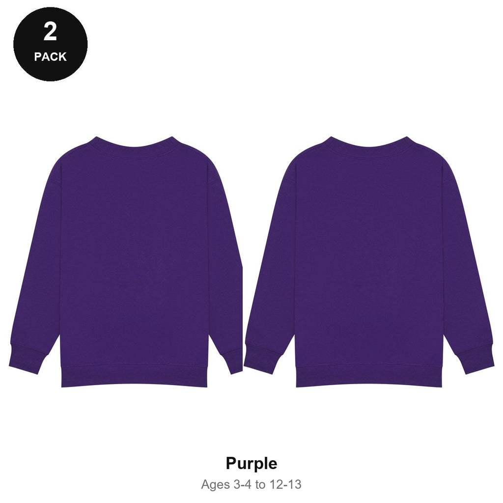 Kids School Sweatshirts 2 Pack - 80% cotton / 20% polyester brushed-back fleece 280gsm, Ages 3-13, School & PE - Purple