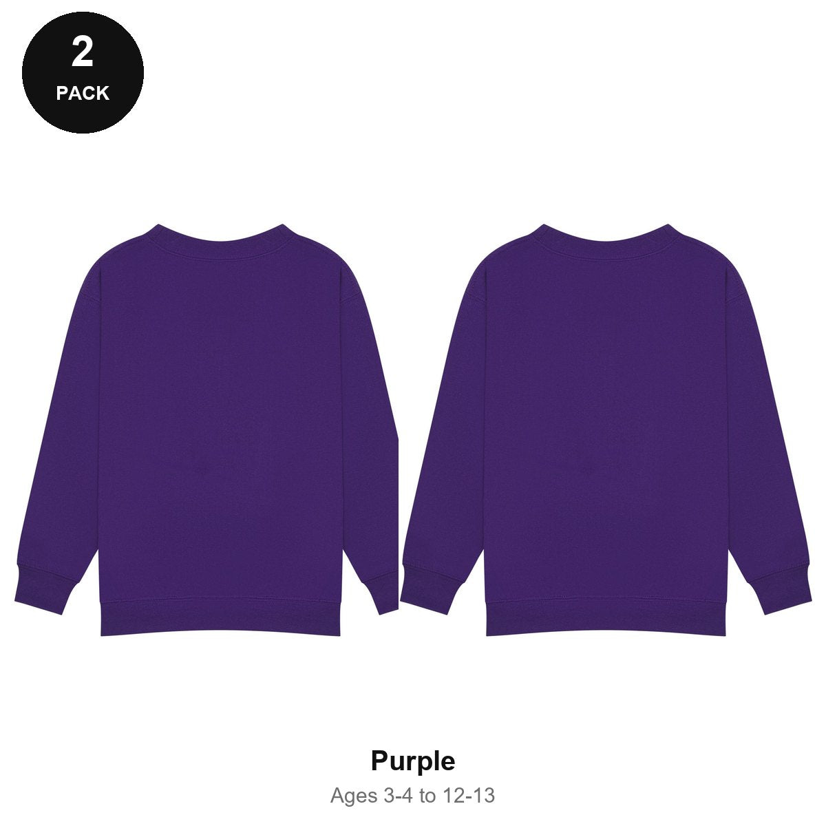 Kids School Sweatshirts 2 Pack - 80% cotton / 20% polyester brushed-back fleece 280gsm, Ages 3-13, School & PE - Purple