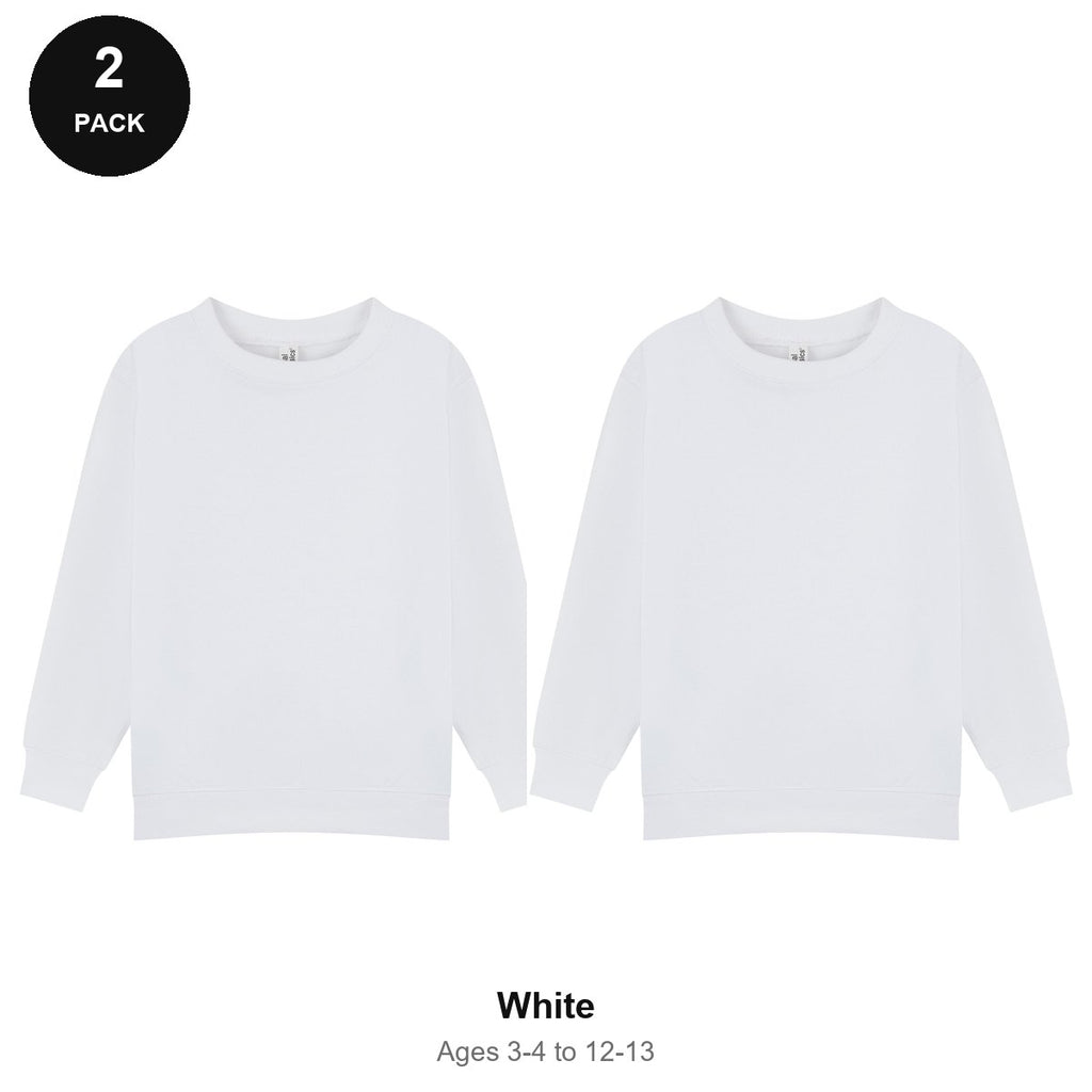 Kids School Sweatshirts 2 Pack - 80% cotton / 20% polyester brushed-back fleece 280gsm, Ages 3-13, School & PE - White