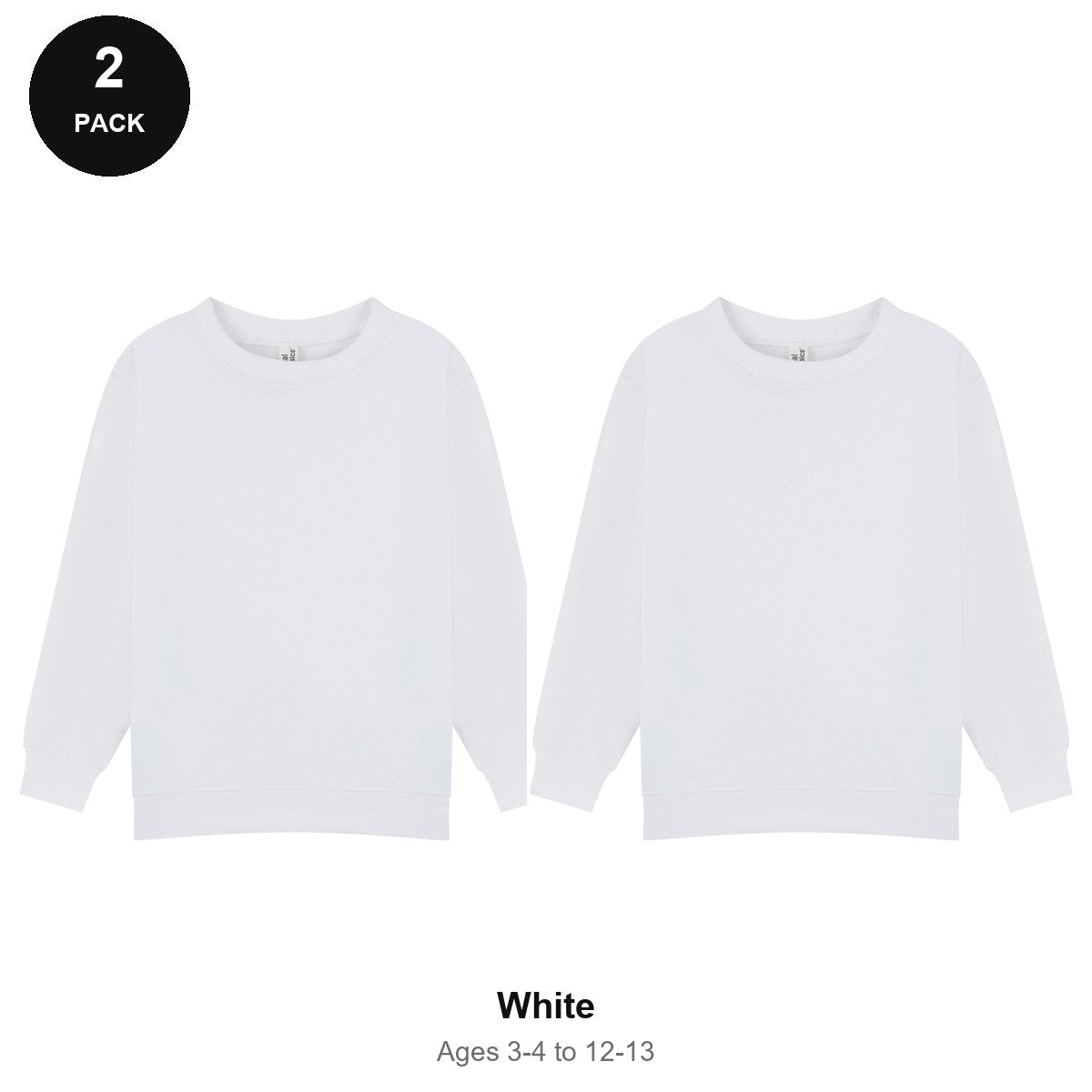 Kids School Sweatshirts 2 Pack - 80% cotton / 20% polyester brushed-back fleece 280gsm, Ages 3-13, School & PE - White