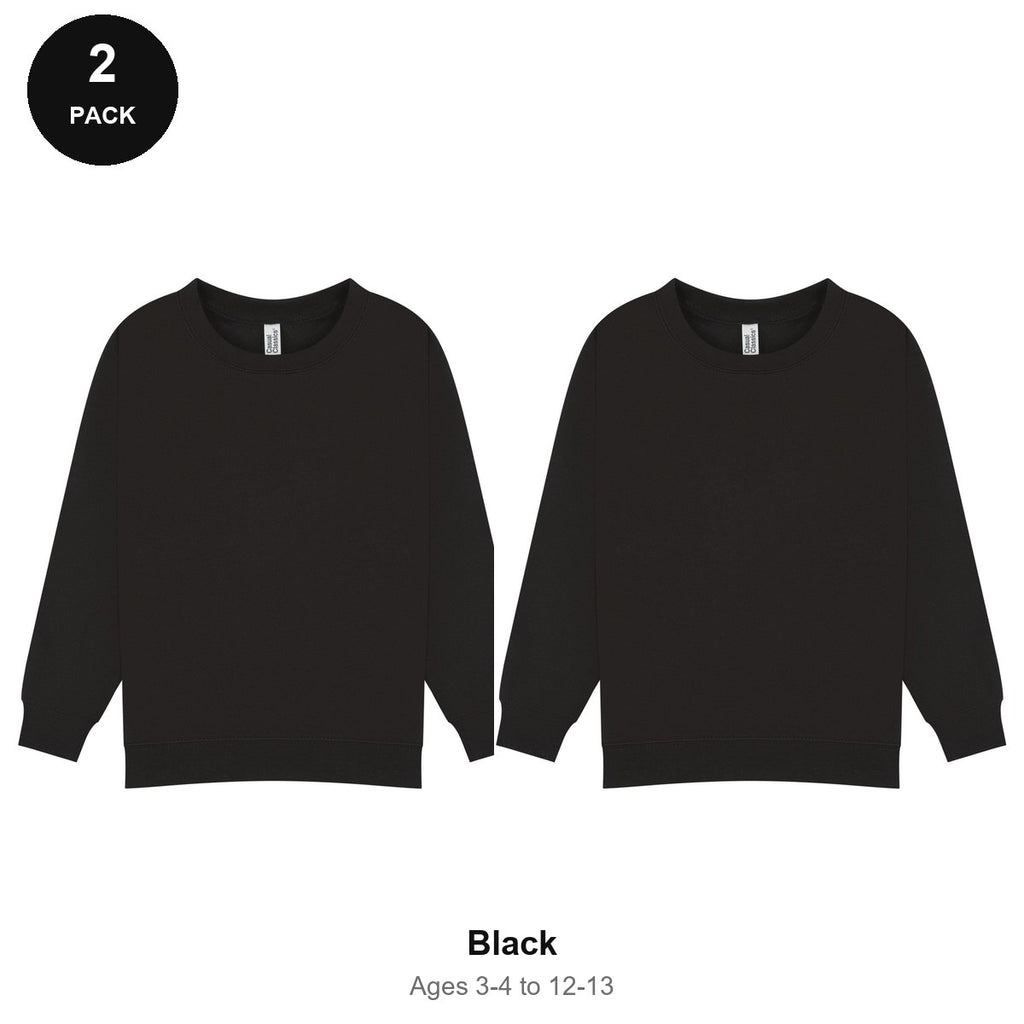 Kids School Sweatshirts 2 Pack - 80% cotton / 20% polyester brushed-back fleece 280gsm, Ages 3-13, School & PE - Black