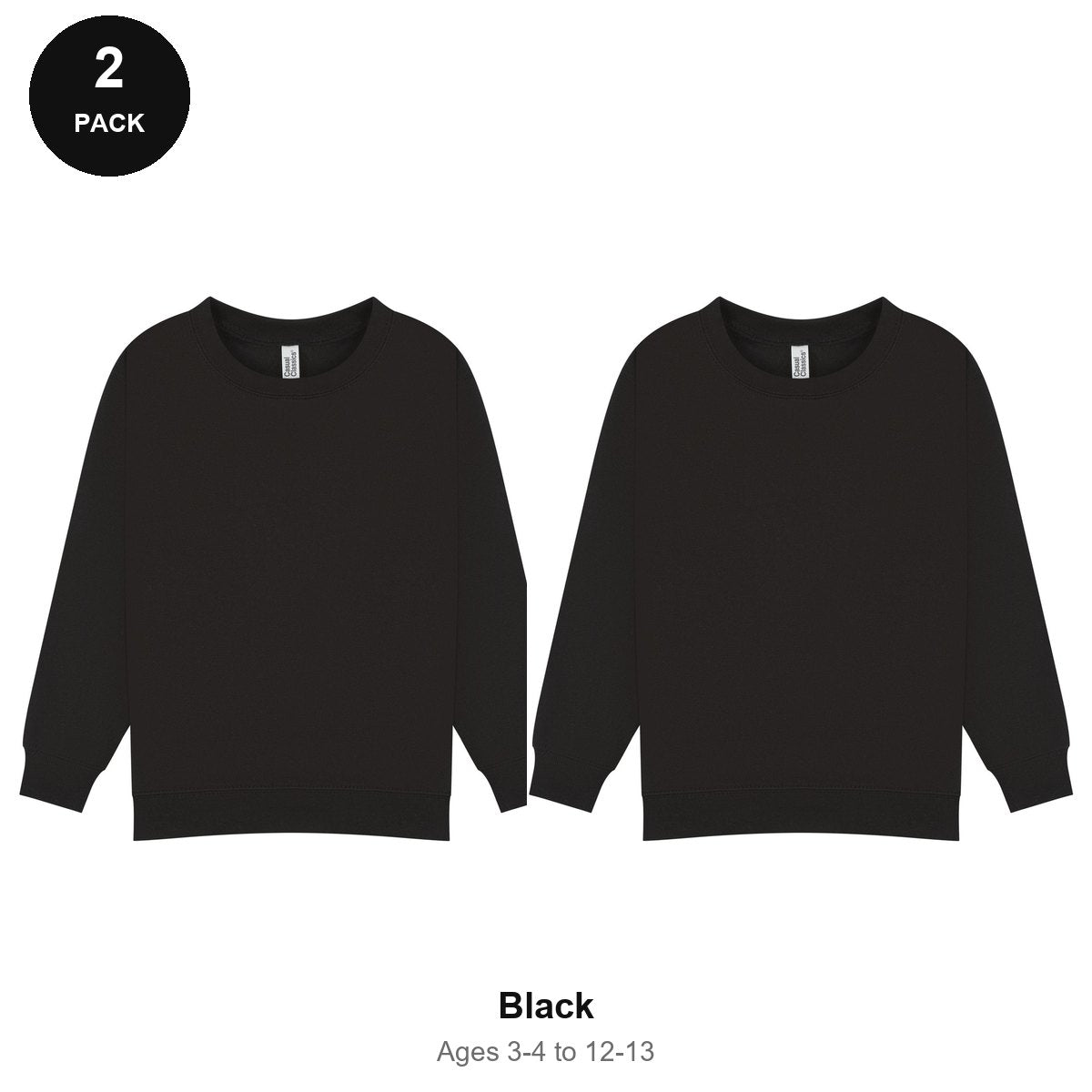 Kids School Sweatshirts 2 Pack - 80% cotton / 20% polyester brushed-back fleece 280gsm, Ages 3-13, School & PE - Black