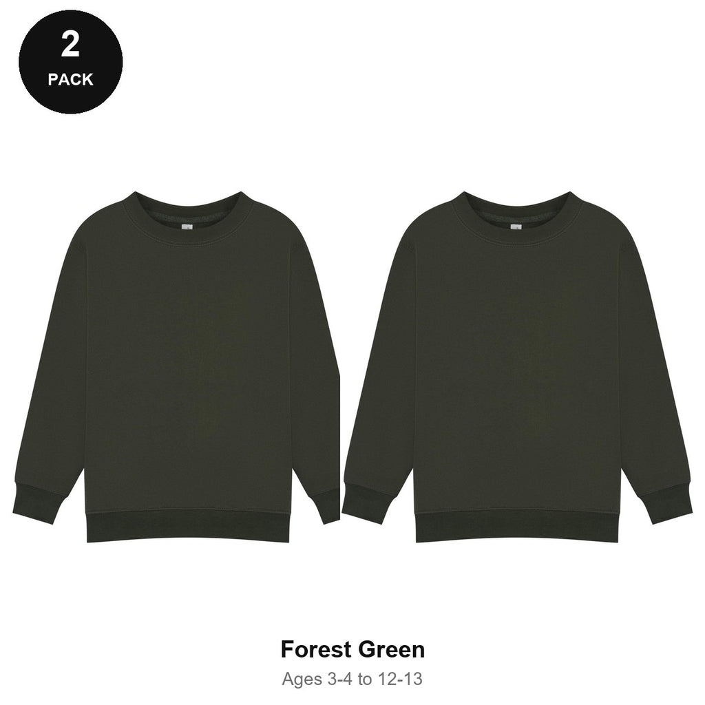 Kids School Sweatshirts 2 Pack - 80% cotton / 20% polyester brushed-back fleece 280gsm, Ages 3-13, School & PE - Forest Green