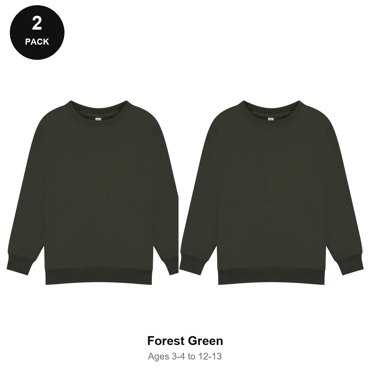 Kids School Sweatshirts 2 Pack - 80% cotton / 20% polyester brushed-back fleece 280gsm, Ages 3-13, School & PE - Forest Green