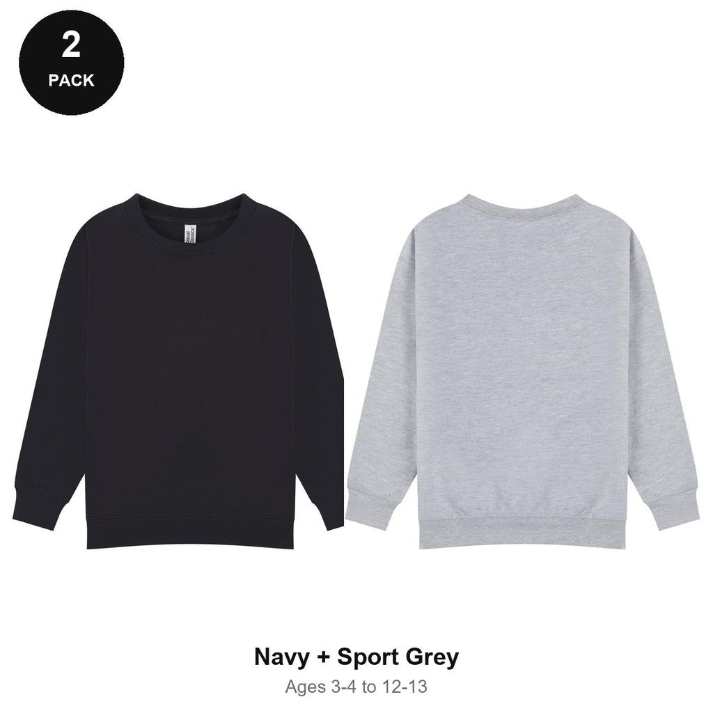 Kids School Sweatshirts 2 Pack - 80% cotton / 20% polyester brushed-back fleece 280gsm, Ages 3-13, School & PE - Navy + Sport Grey