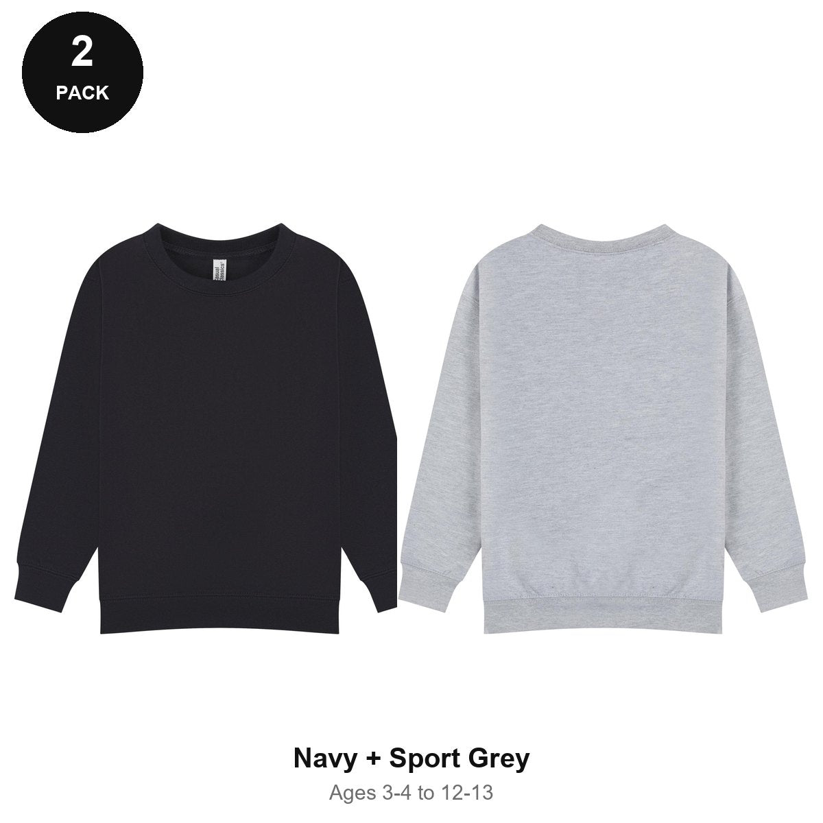 Kids School Sweatshirts 2 Pack - 80% cotton / 20% polyester brushed-back fleece 280gsm, Ages 3-13, School & PE - Navy + Sport Grey