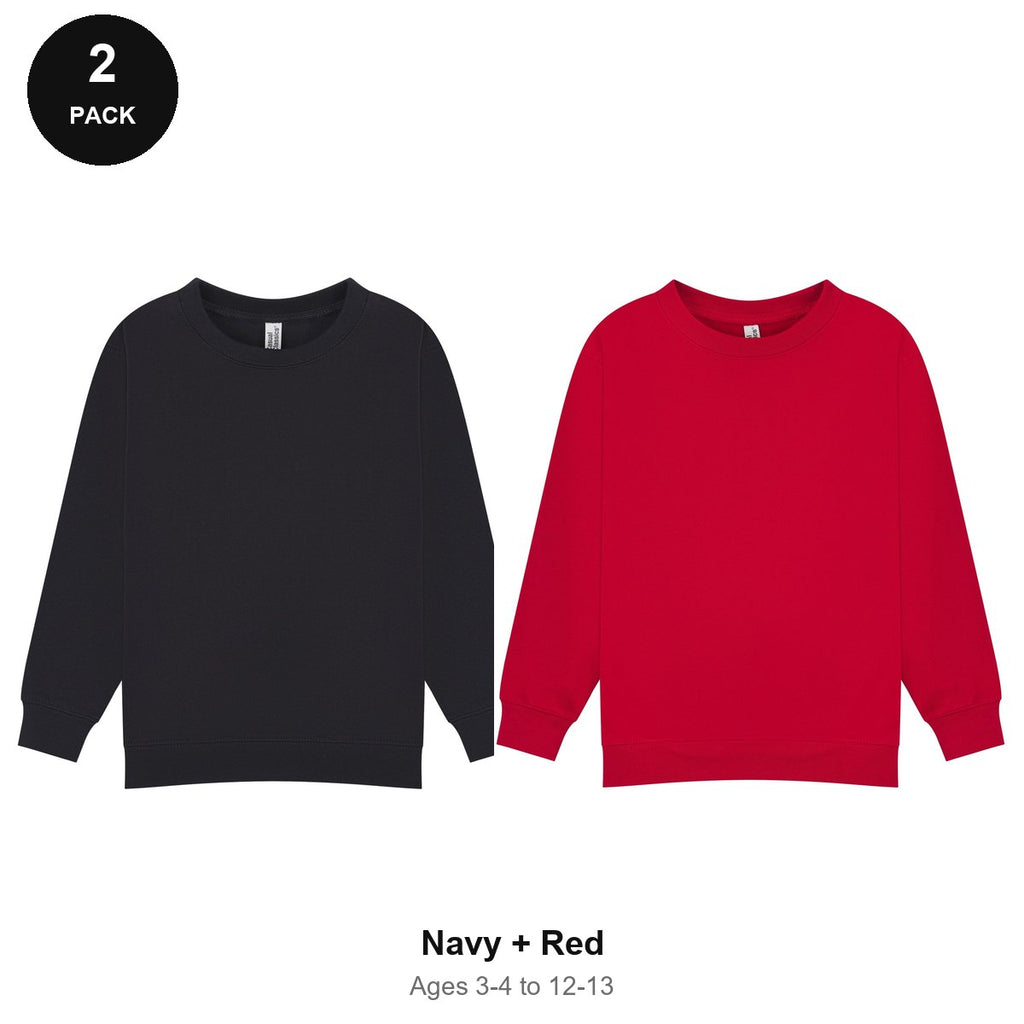 Kids School Sweatshirts 2 Pack - 80% cotton / 20% polyester brushed-back fleece 280gsm, Ages 3-13, School & PE - Navy + Red