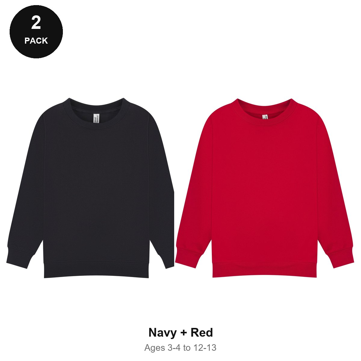 Kids School Sweatshirts 2 Pack - 80% cotton / 20% polyester brushed-back fleece 280gsm, Ages 3-13, School & PE - Navy + Red