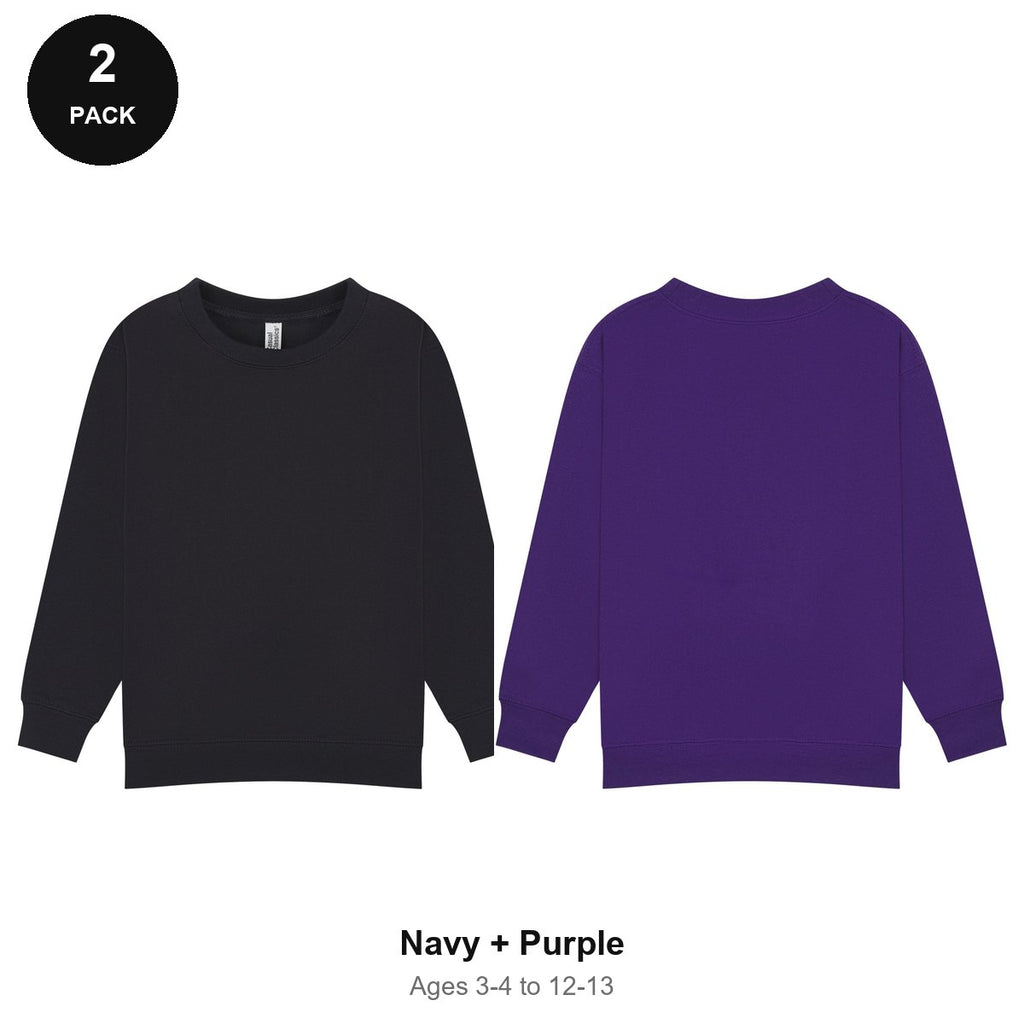 Kids School Sweatshirts 2 Pack - 80% cotton / 20% polyester brushed-back fleece 280gsm, Ages 3-13, School & PE - Navy + Purple