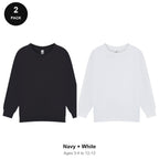 Kids School Sweatshirts 2 Pack - 80% cotton / 20% polyester brushed-back fleece 280gsm, Ages 3-13, School & PE - Navy + White