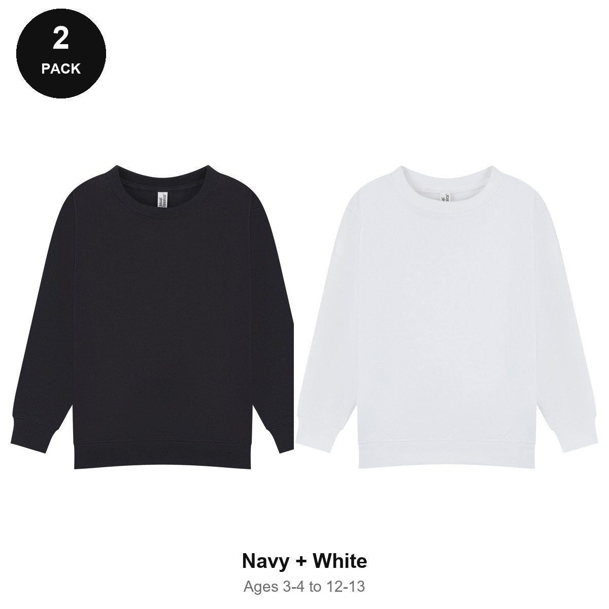Kids School Sweatshirts 2 Pack - 80% cotton / 20% polyester brushed-back fleece 280gsm, Ages 3-13, School & PE - Navy + White