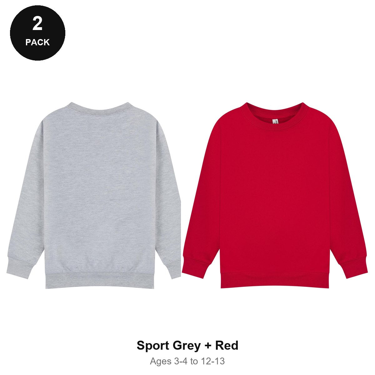 Kids School Sweatshirts 2 Pack - 80% cotton / 20% polyester brushed-back fleece 280gsm, Ages 3-13, School & PE - Sport Grey + Red