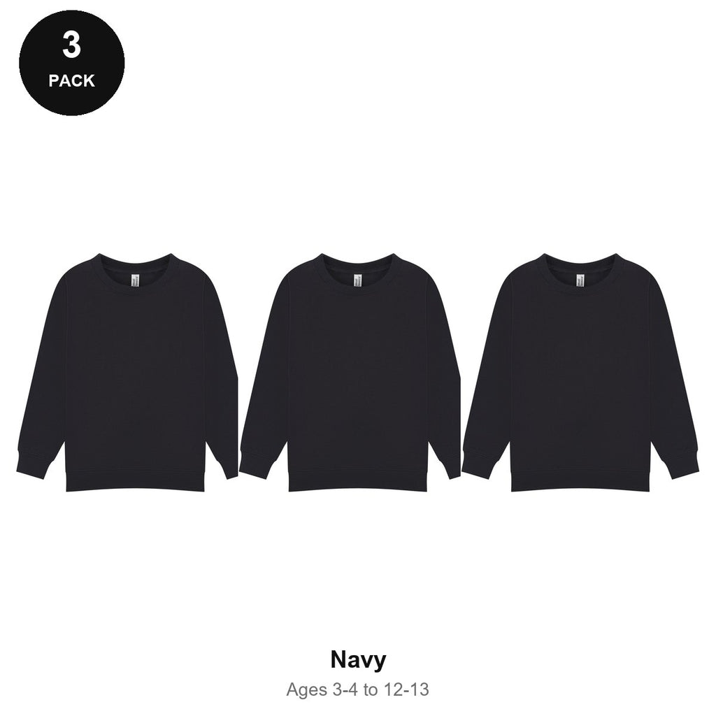 Kids School Sweatshirts 3 Pack - 80% cotton / 20% polyester brushed-back fleece 280gsm, Ages 3-13, School & PE - Navy