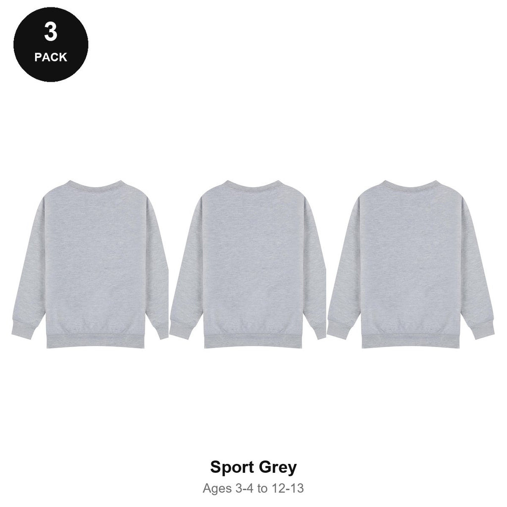 Kids School Sweatshirts 3 Pack - 80% cotton / 20% polyester brushed-back fleece 280gsm, Ages 3-13, School & PE - Sport Grey