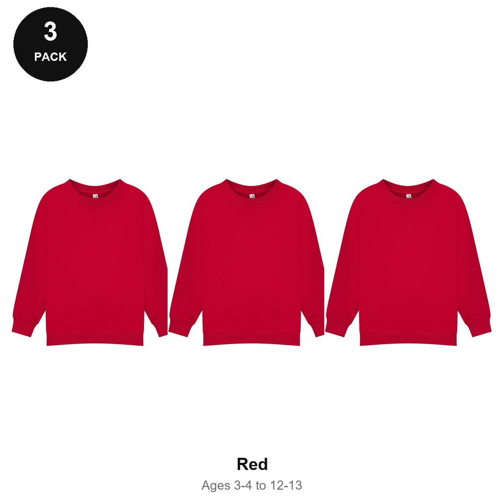Kids School Sweatshirts 3 Pack - 80% cotton / 20% polyester brushed-back fleece 280gsm, Ages 3-13, School & PE - Red