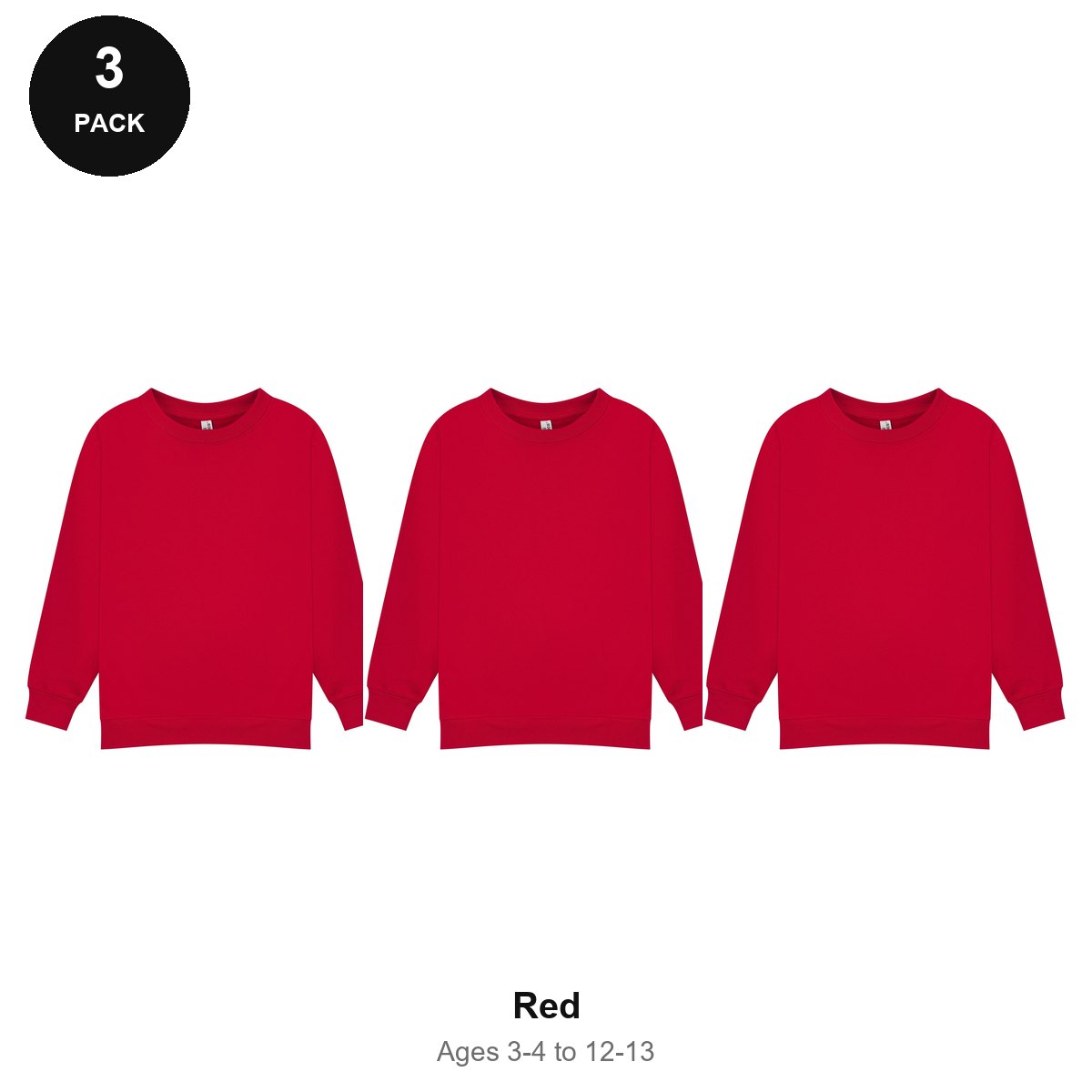 Kids School Sweatshirts 3 Pack - 80% cotton / 20% polyester brushed-back fleece 280gsm, Ages 3-13, School & PE - Red