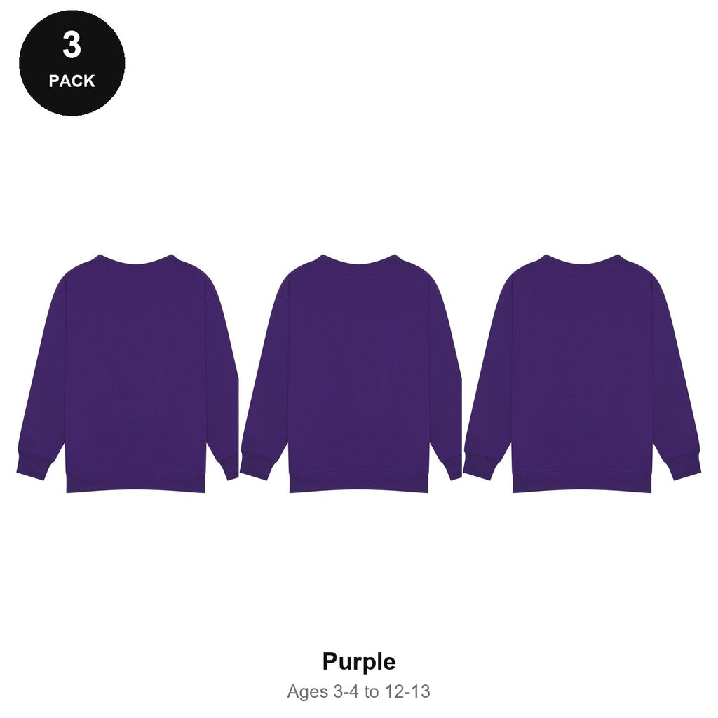 Kids School Sweatshirts 3 Pack - 80% cotton / 20% polyester brushed-back fleece 280gsm, Ages 3-13, School & PE - Purple